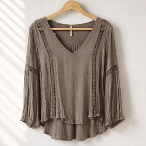 Mittoshop V-Neck Crochet Trim Blouse - Taupe Size M